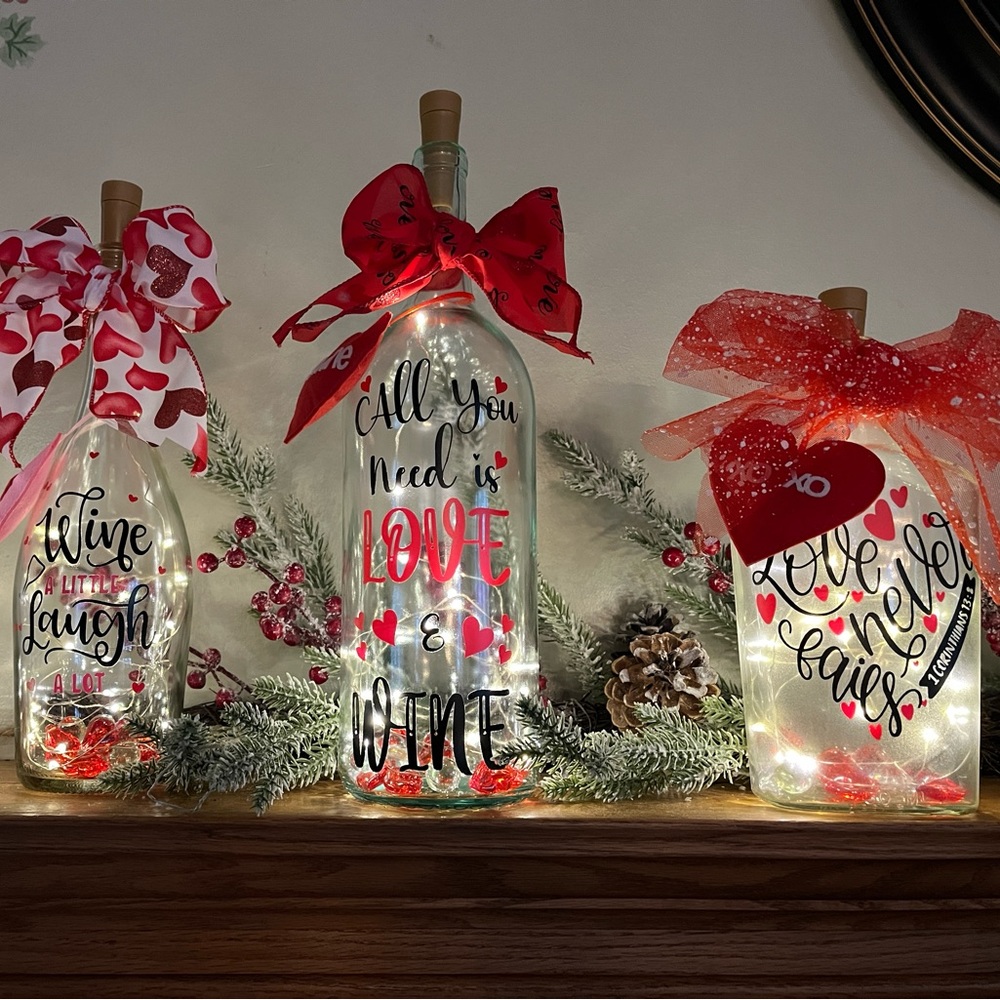 Valentine Love Upcycled lighted wine bottle